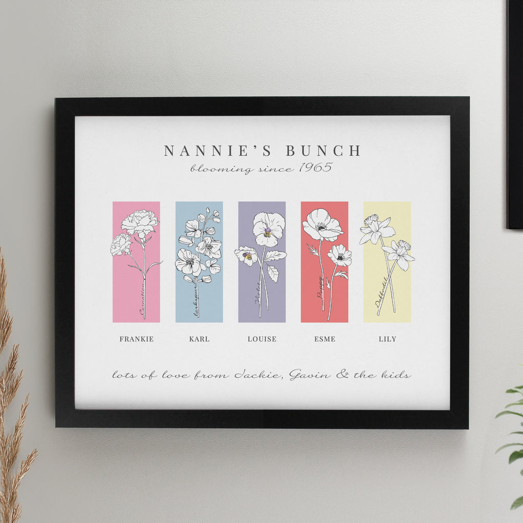 Personalised Birth Flower Family of 5 Black Framed Print - Buy Framed Prints at GiftMasters.co.uk