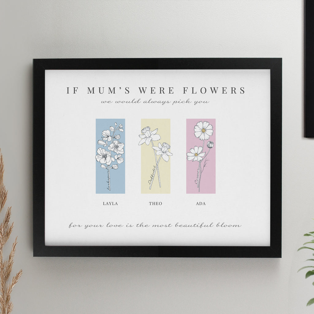 Personalised Birth Flower Family of 3 Black Framed Print - Buy Poster Frames at GiftMasters.co.uk