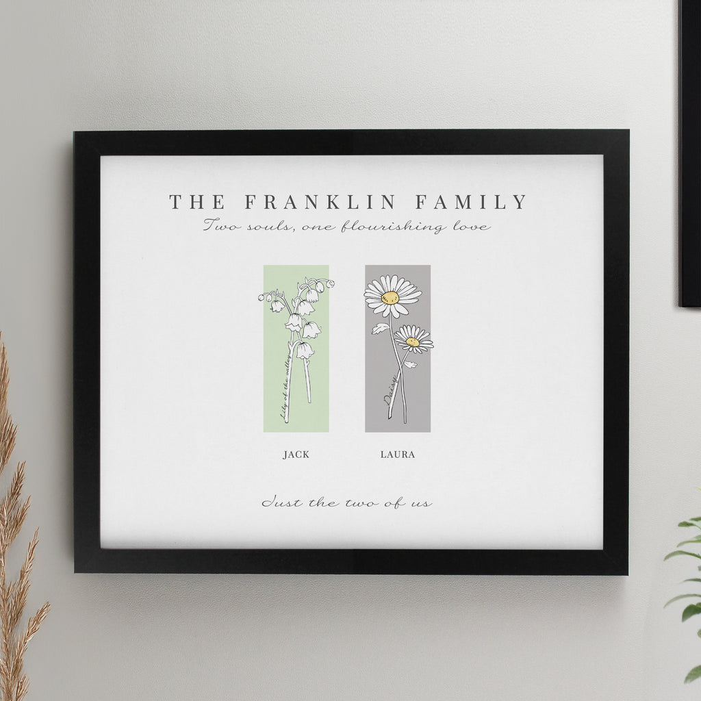 Personalised Birth Flower Family of 2 Black Framed Print - Buy Poster Frames at GiftMasters.co.uk