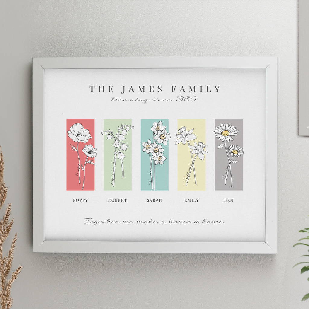 Personalised Birth Flower Family of 5 White Framed Print - Buy Poster Frames at GiftMasters.co.uk