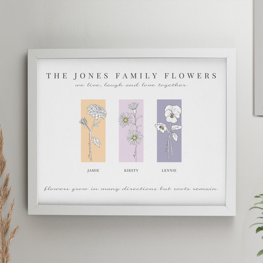 Personalised Birth Flower Family of 3 White Framed Print - Buy Poster Frames at GiftMasters.co.uk