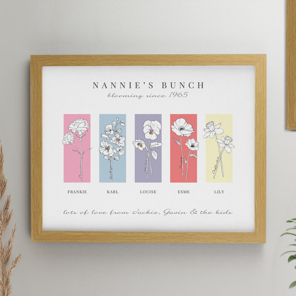Personalised Birth Flower Family of 5 Oak Framed Print - Buy Framed Prints at GiftMasters.co.uk