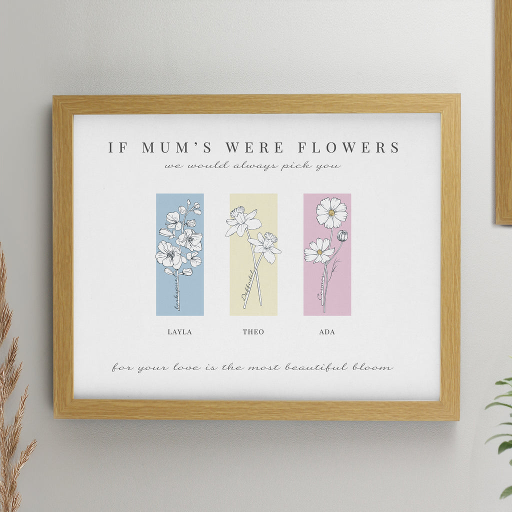 Personalised Birth Flower Family of 3 Oak Framed Print - Buy Framed Prints at GiftMasters.co.uk