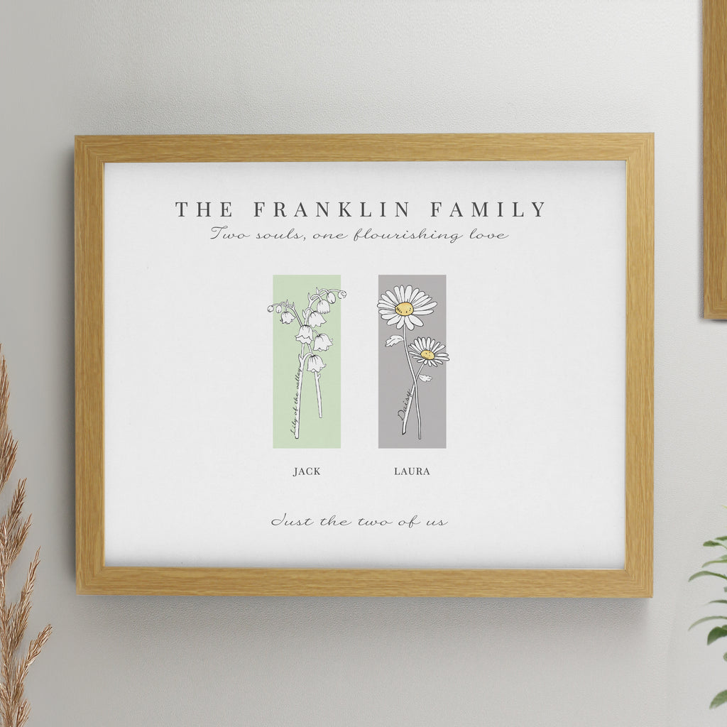 Personalised Birth Flower Family of 2 Oak Framed Print - Buy Poster Frames at GiftMasters.co.uk