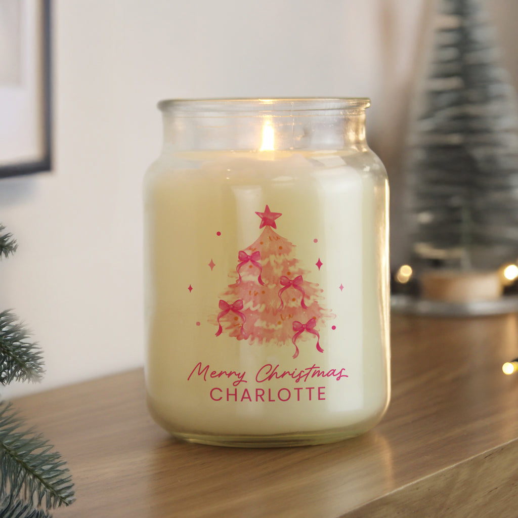 Personalised Pink Christmas Tree Large Candle Jar - Buy Candles & Reed Diffusers at GiftMasters.co.uk