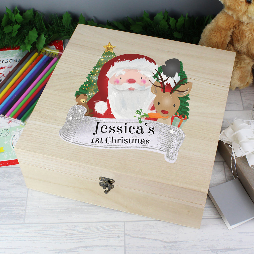 Personalised Colourful Santa Large Wooden Christmas Eve Box - Buy Wooden at GiftMasters.co.uk