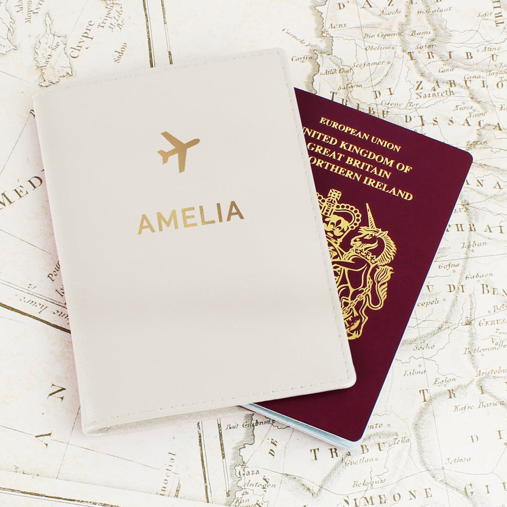 Personalised Gold Name Cream Passport Holder - Buy Leather & Leatherette at GiftMasters.co.uk