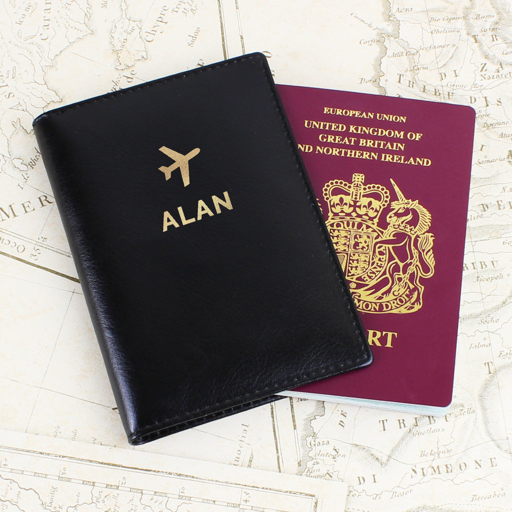 Personalised Gold Name Black Passport Holder - Buy Leather & Leatherette at GiftMasters.co.uk