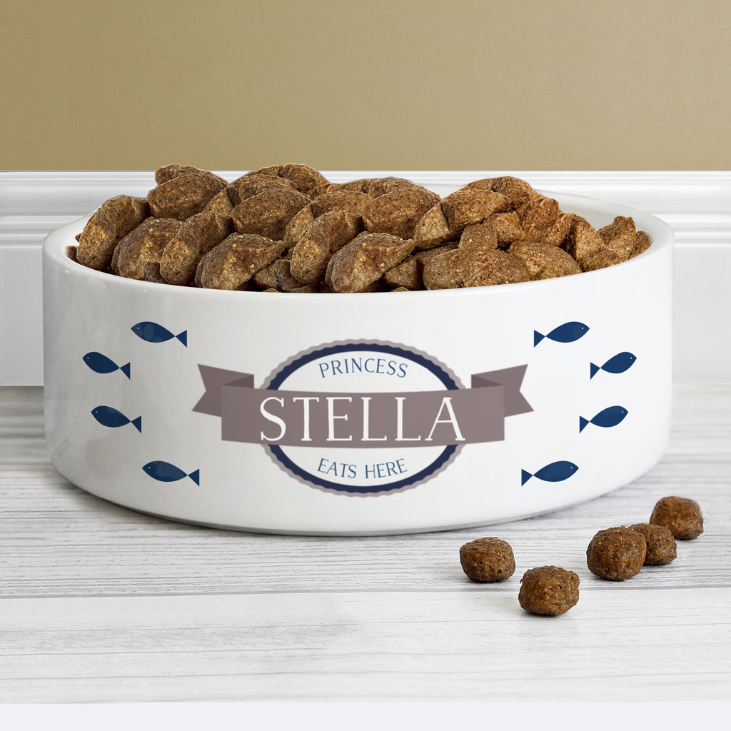 Personalised Blue Fish 14cm Medium White Pet Bowl - Buy Pet Gifts at GiftMasters.co.uk