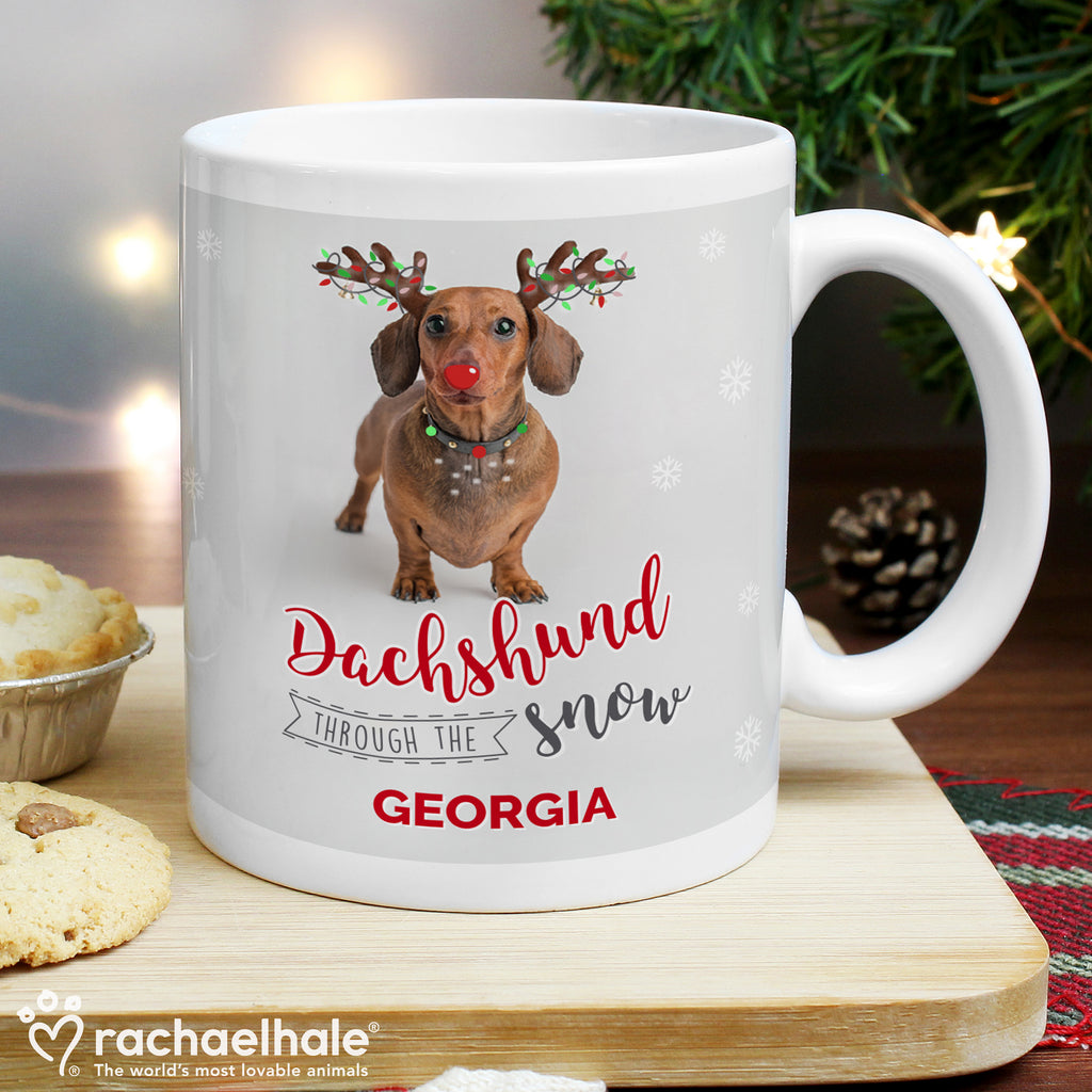 Personalised Rachael Hale Christmas Dachshund Through the Snow Mug - Buy Mugs at GiftMasters.co.uk