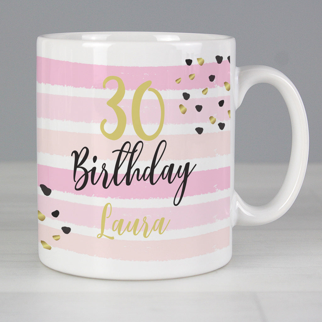 Personalised Birthday Gold and Pink Stripe Mug - Buy Mugs at GiftMasters.co.uk