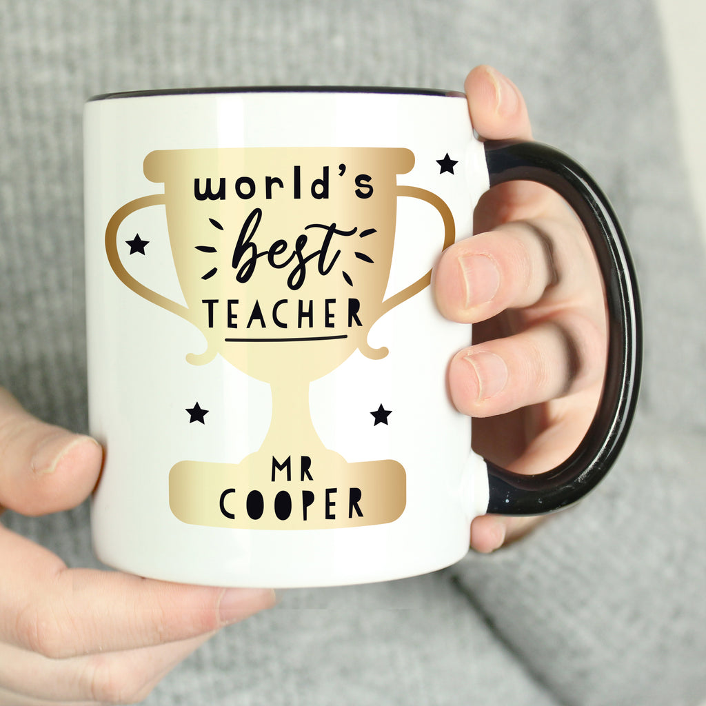 Personalised World's Best Teacher Trophy Black Handled Mug - Buy Mugs at GiftMasters.co.uk