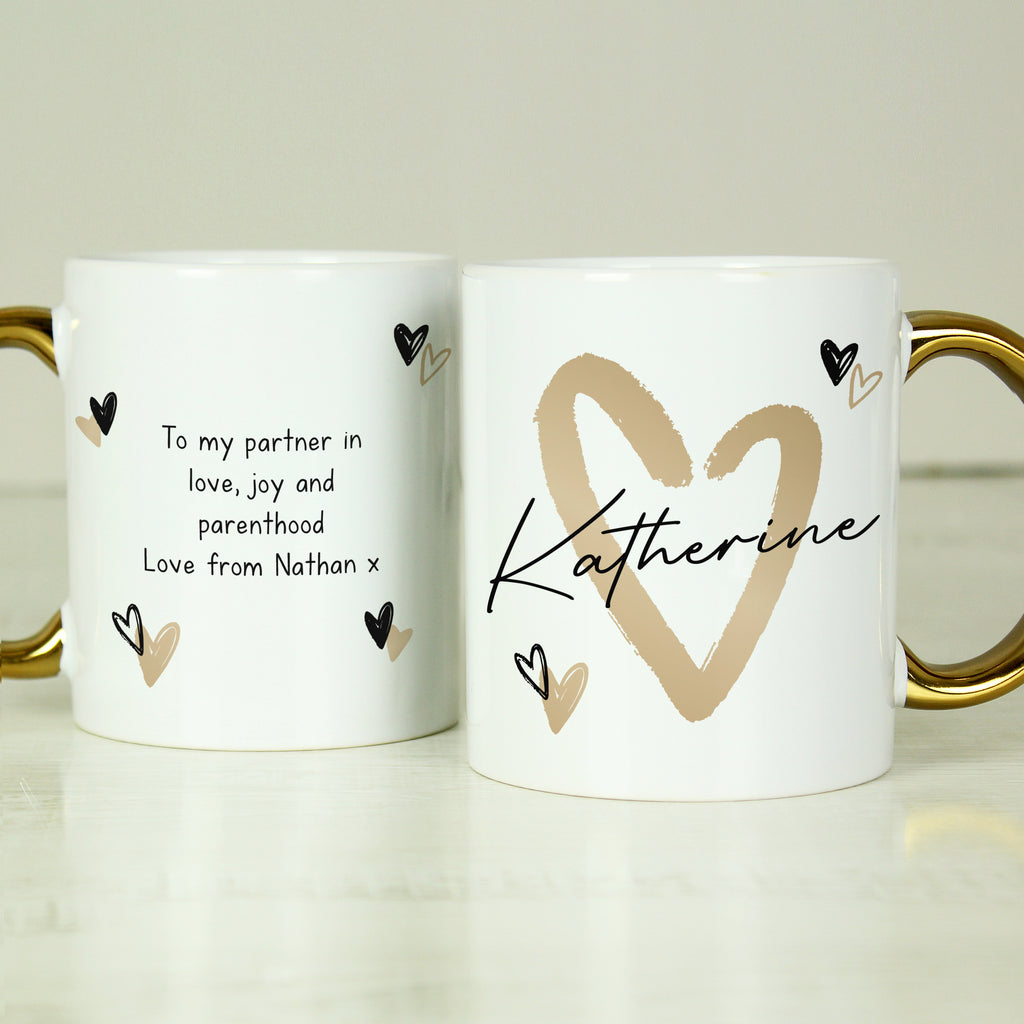 Personalised Hearts Gold Handled Mug - Buy Mugs at GiftMasters.co.uk