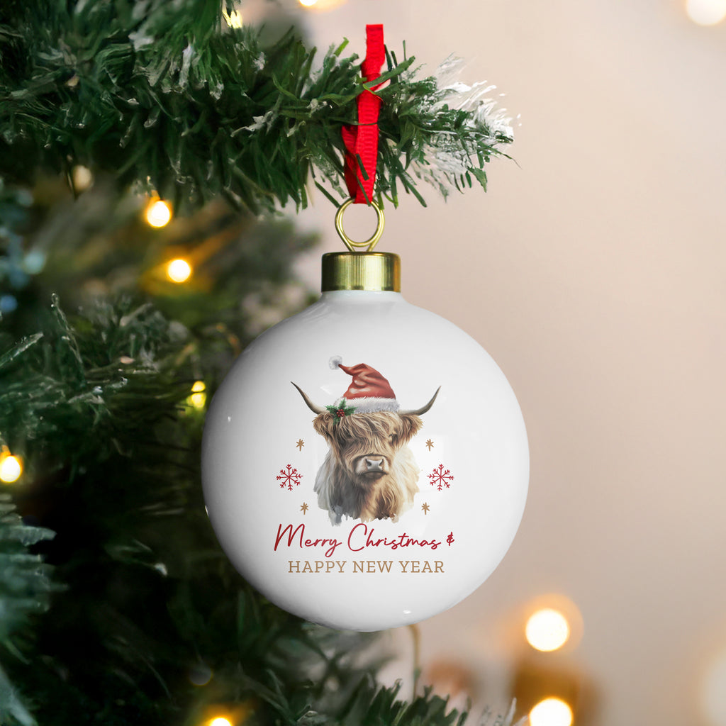 Personalised Highland Cow Christmas Bauble - Buy Christmas Decorations at GiftMasters.co.uk