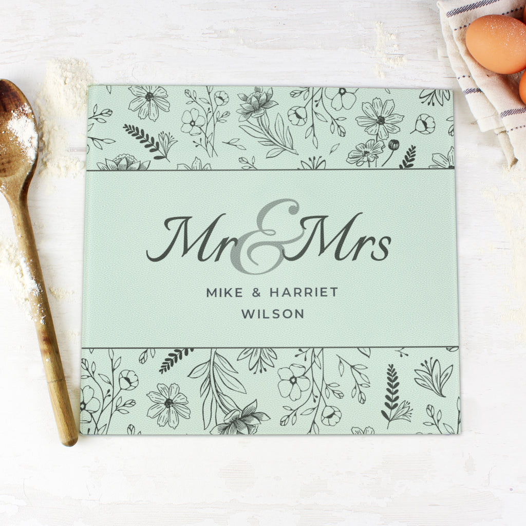 Personalised Mr & Mrs Botanical Glass Chopping Board/Worktop Saver - Buy Kitchen, Baking & Dining Gifts at GiftMasters.co.uk