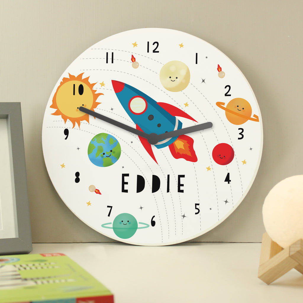 Personalised Rocket in Space Large Wooden Clock - Buy Clocks & Watches at GiftMasters.co.uk
