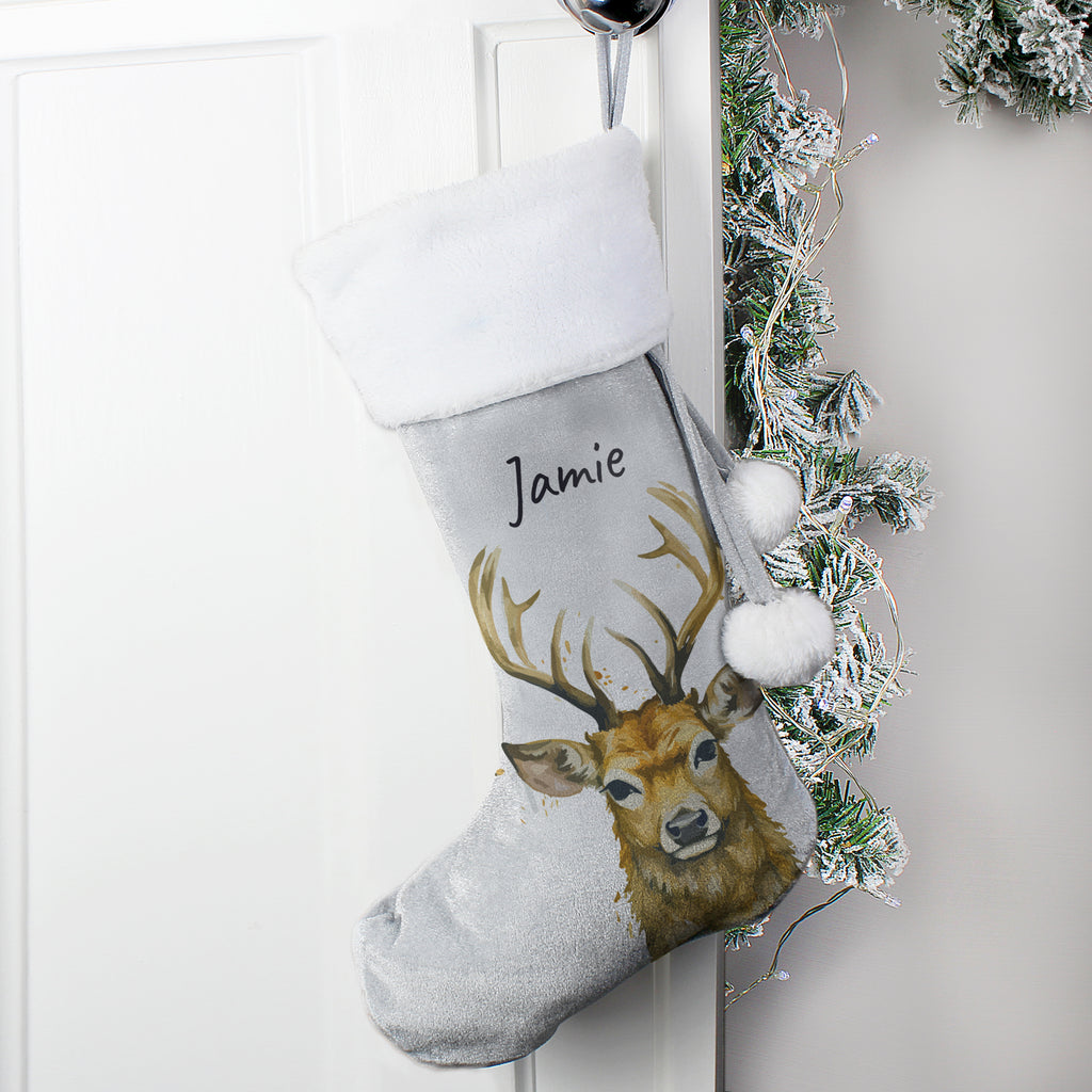 Personalised Stag Silver Grey Stocking - Buy Christmas Decorations at GiftMasters.co.uk