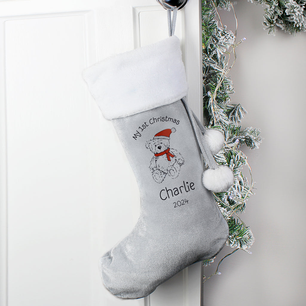Personalised My 1st Christmas Teddy Silver Grey Stocking - Buy Christmas Decorations at GiftMasters.co.uk