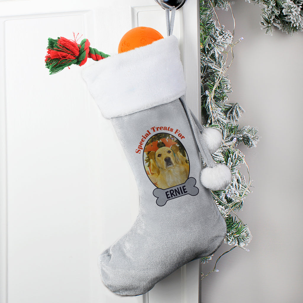 Personalised Dog Photo Upload Silver Grey Stocking - Buy Christmas Decorations at GiftMasters.co.uk