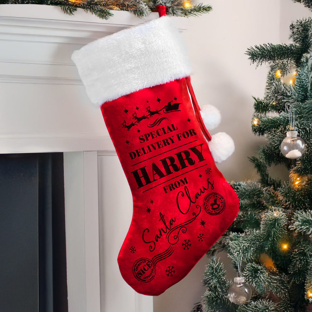 Personalised Special Delivery Red Stocking - Buy Christmas Decorations at GiftMasters.co.uk