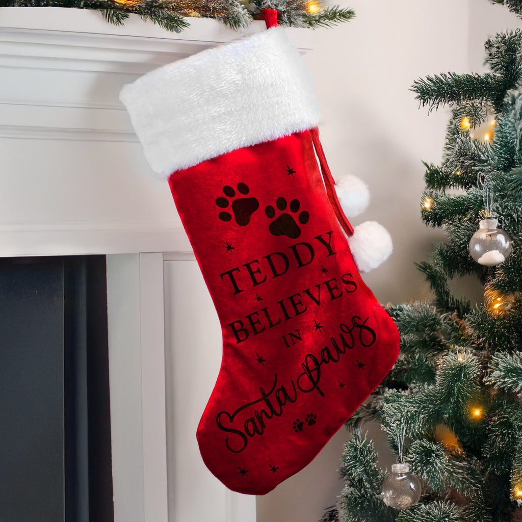 Personalised Santa Paws Christmas Red Stocking - Buy Christmas Decorations at GiftMasters.co.uk