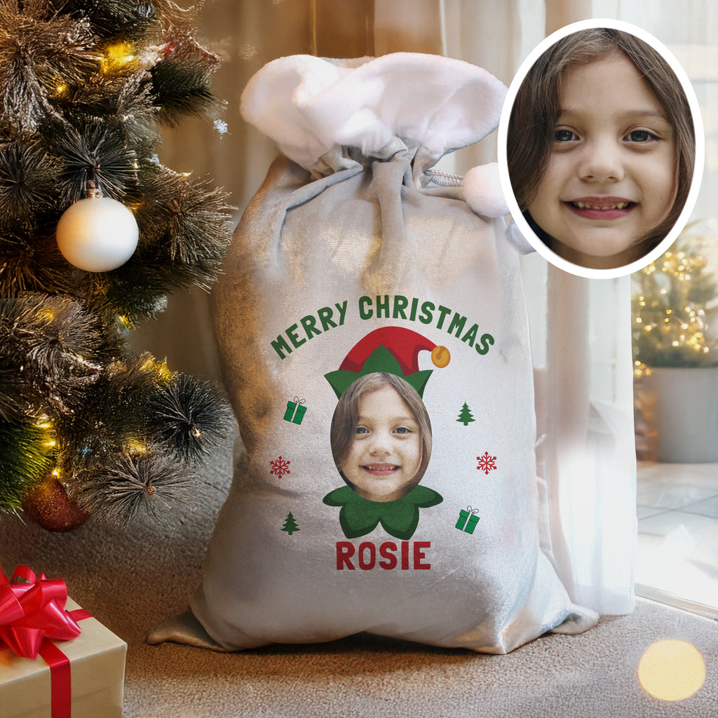 Personalised Photo Upload Elf Christmas Sack - Buy Christmas Decorations at GiftMasters.co.uk