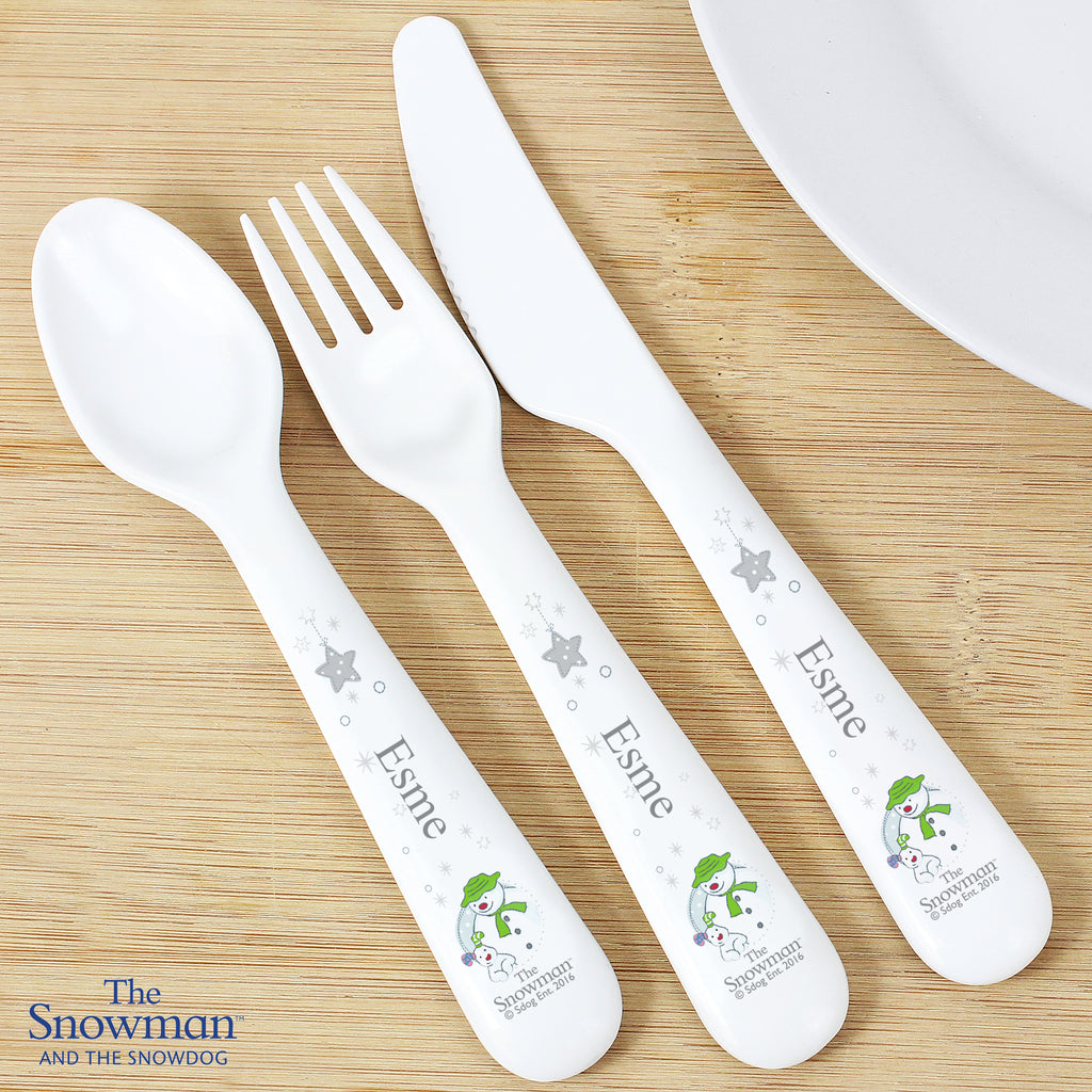 Personalised The Snowman and the Snowdog 3 Piece Plastic Cutlery Set - Buy Mealtime Essentials at GiftMasters.co.uk