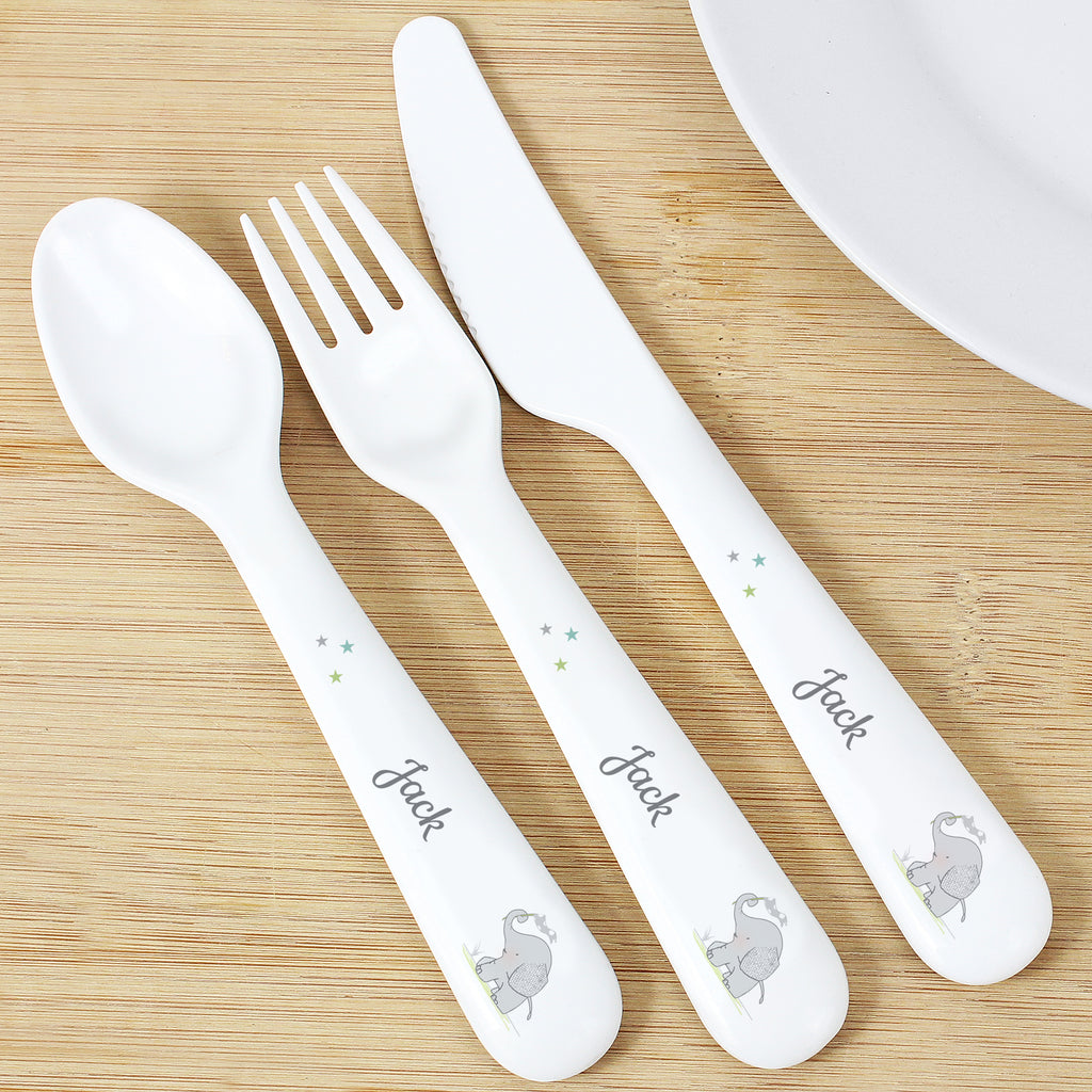 Personalised Hessian Elephant 3 Piece Plastic Cutlery Set - Buy Mealtime Essentials at GiftMasters.co.uk