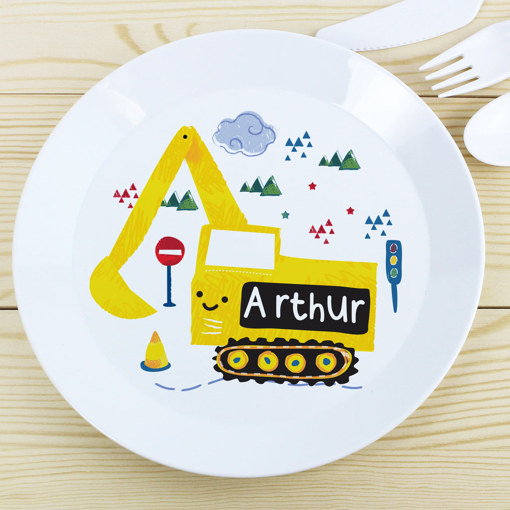 Personalised Digger Plastic Plate - Buy Mealtime Essentials at GiftMasters.co.uk