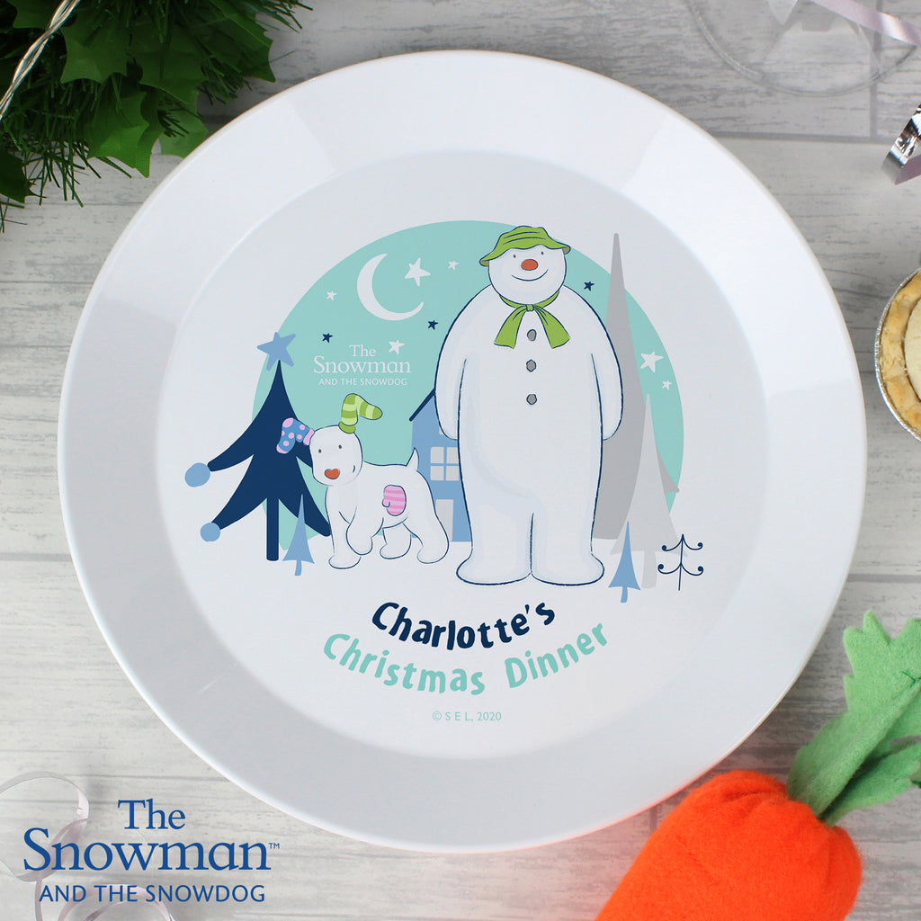 Personalised The Snowman and the Snowdog Plastic Plate - Buy Christmas Decorations at GiftMasters.co.uk