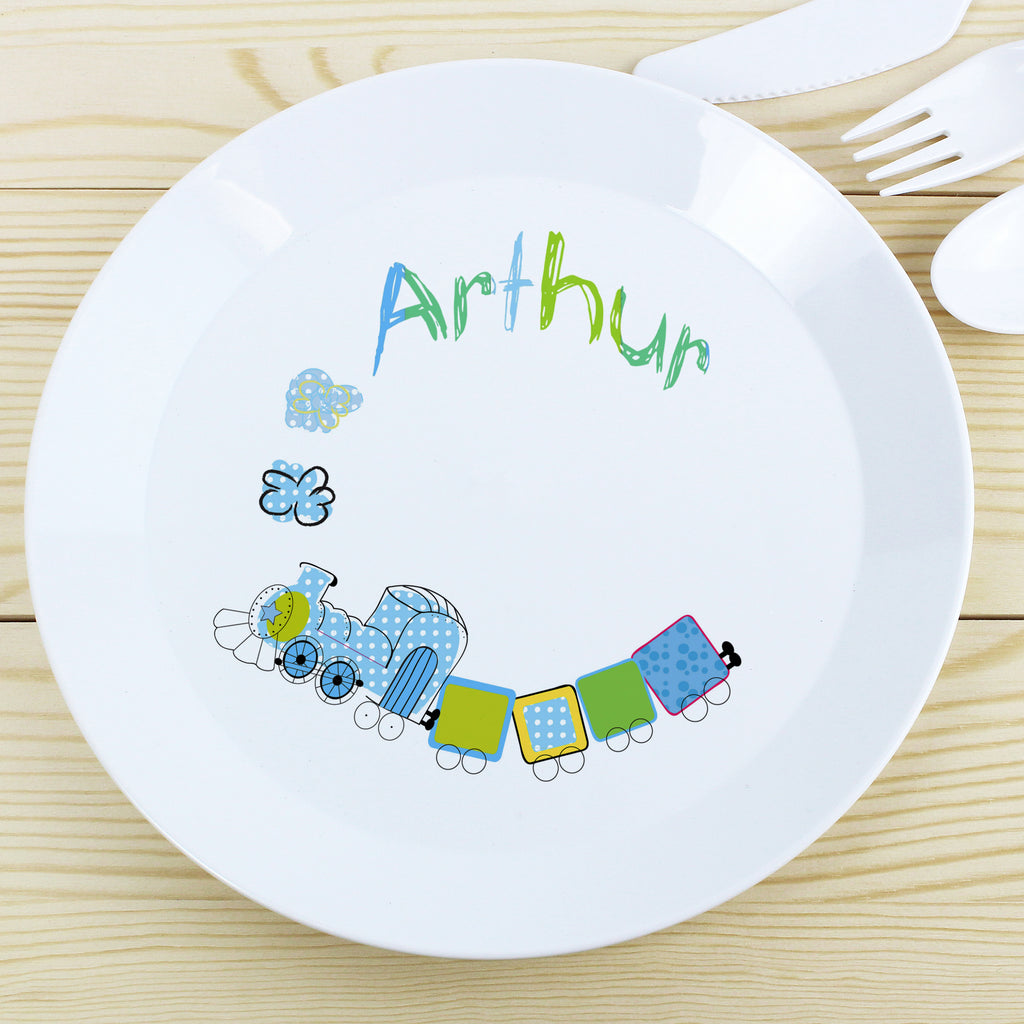 Personalised Patchwork Train Plastic Plate - Buy Mealtime Essentials at GiftMasters.co.uk
