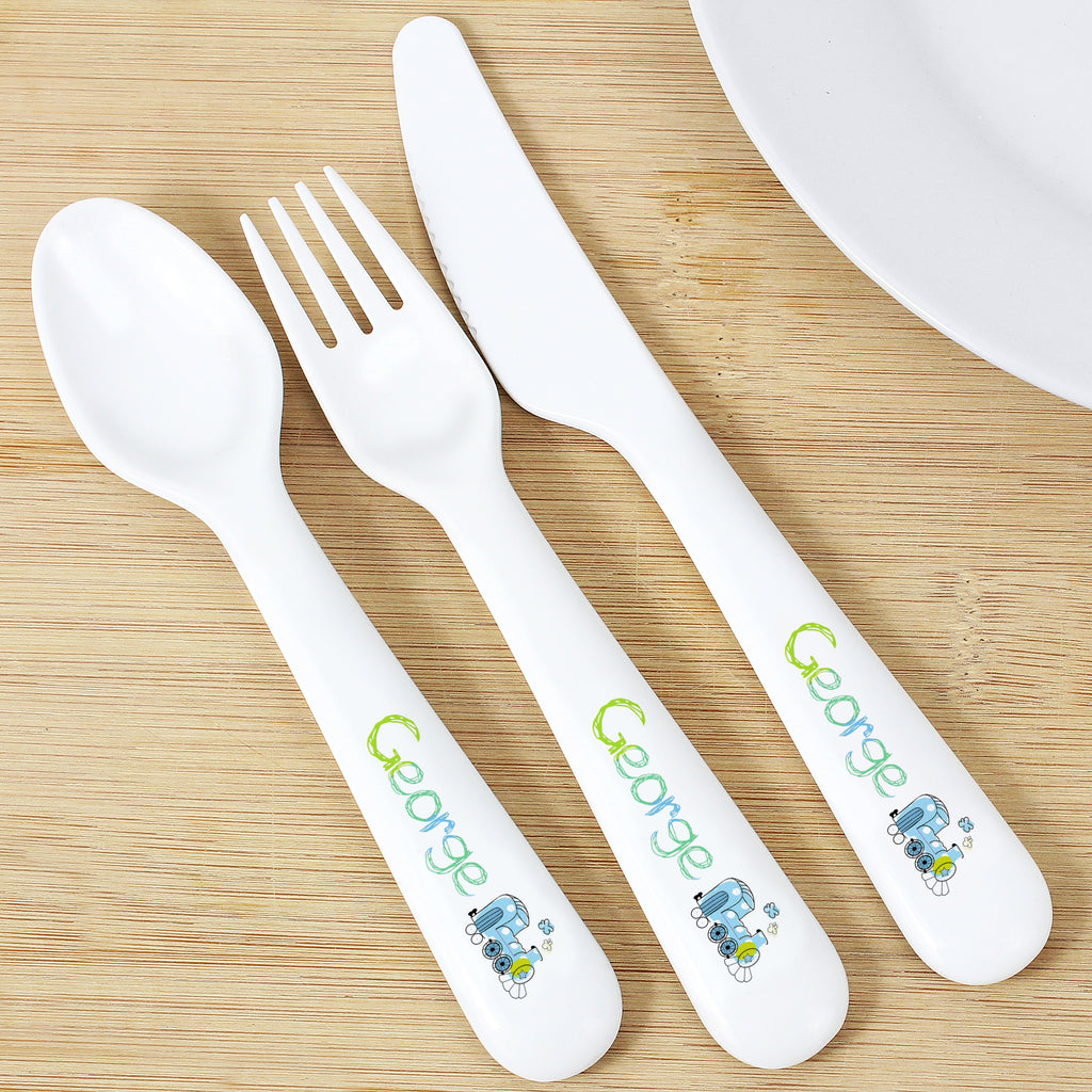 Personalised Patchwork Train 3 Piece Plastic Cutlery Set - Buy Mealtime Essentials at GiftMasters.co.uk