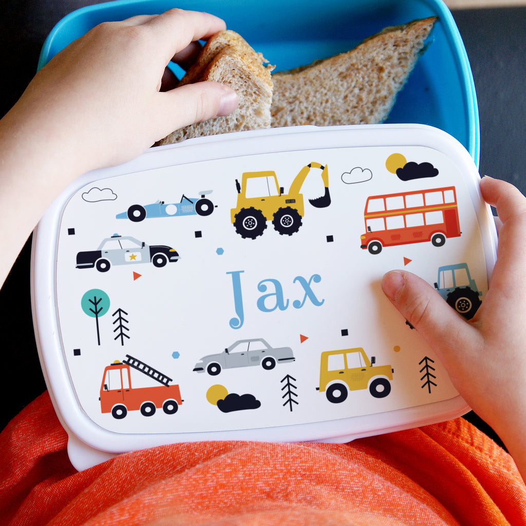 Personalised Vehicles Name Only Blue Lunch Box - Buy Mealtime Essentials at GiftMasters.co.uk
