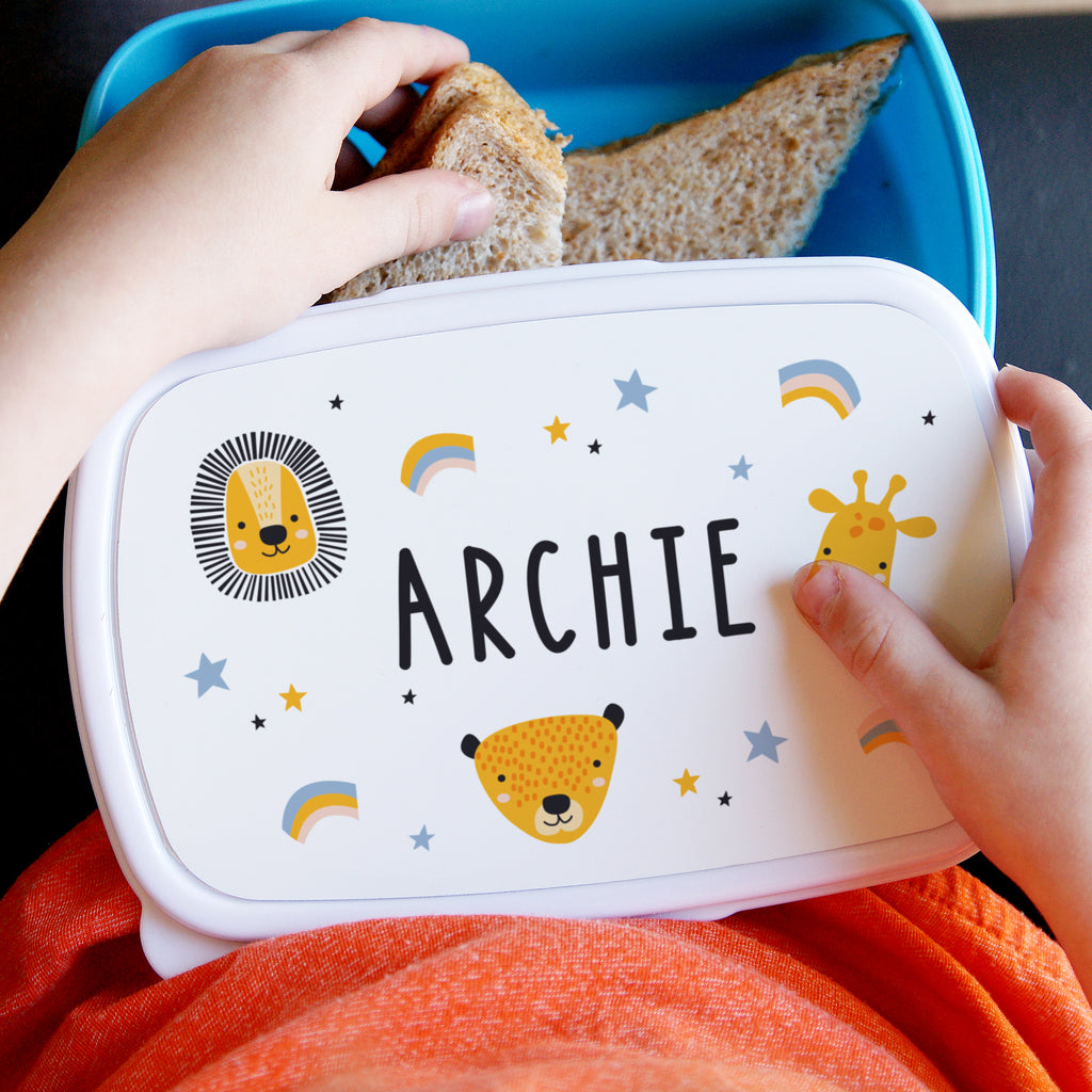 Personalised Safari Animals Name Only Blue Lunch Box - Buy Mealtime Essentials at GiftMasters.co.uk
