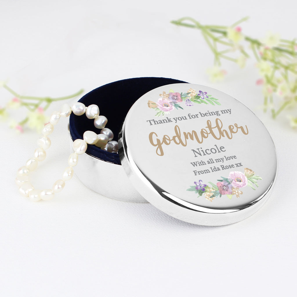 Personalised Godmother 'Floral Watercolour' Round Trinket Box - Buy Trinket, Jewellery & Keepsake Boxes at GiftMasters.co.uk