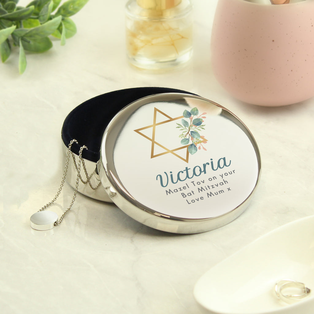 Personalised Bat Mitzvah Round Trinket - Buy Trinket, Jewellery & Keepsake Boxes at GiftMasters.co.uk
