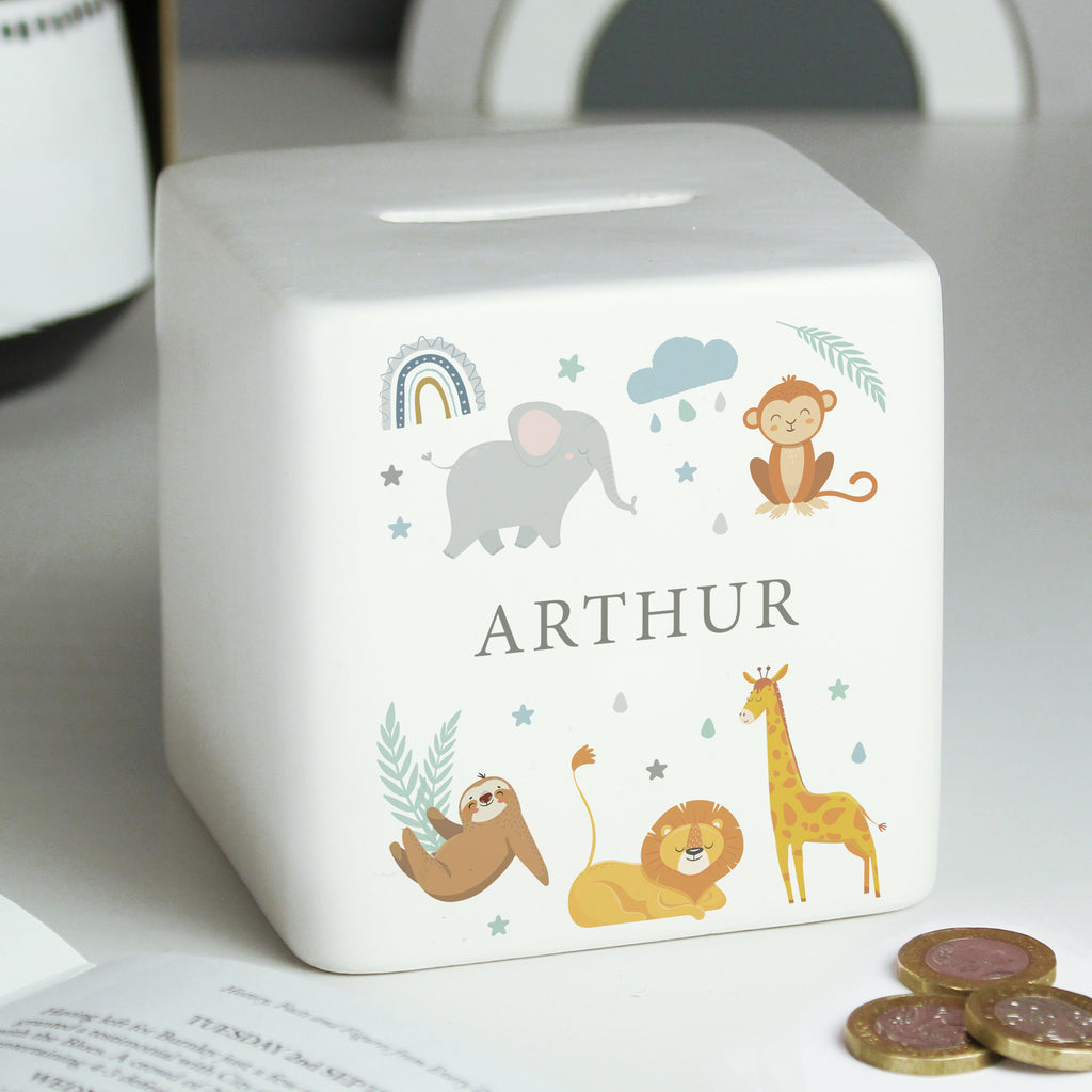 Personalised Safari Animals Ceramic Square Money Box - Buy Money Boxes at GiftMasters.co.uk