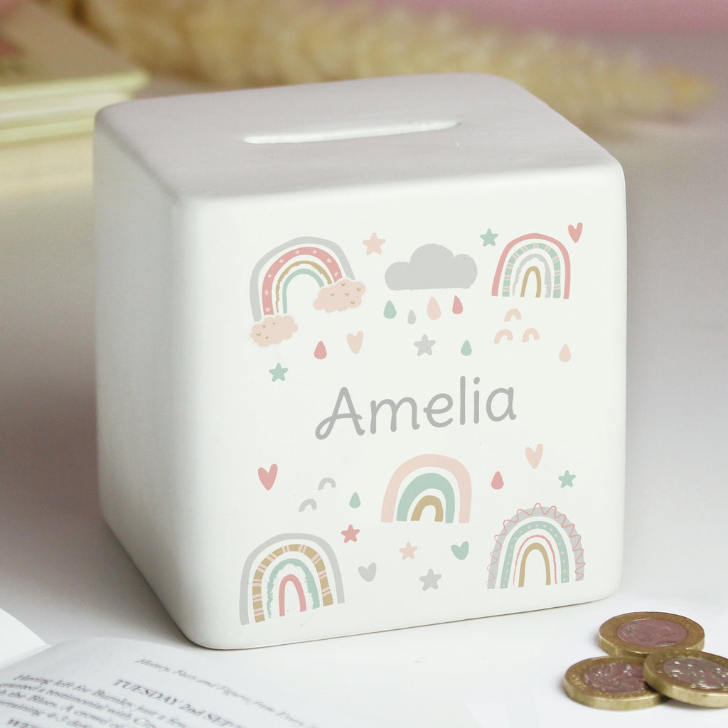 Personalised Rainbow Ceramic Square Money Box - Buy Money Boxes at GiftMasters.co.uk
