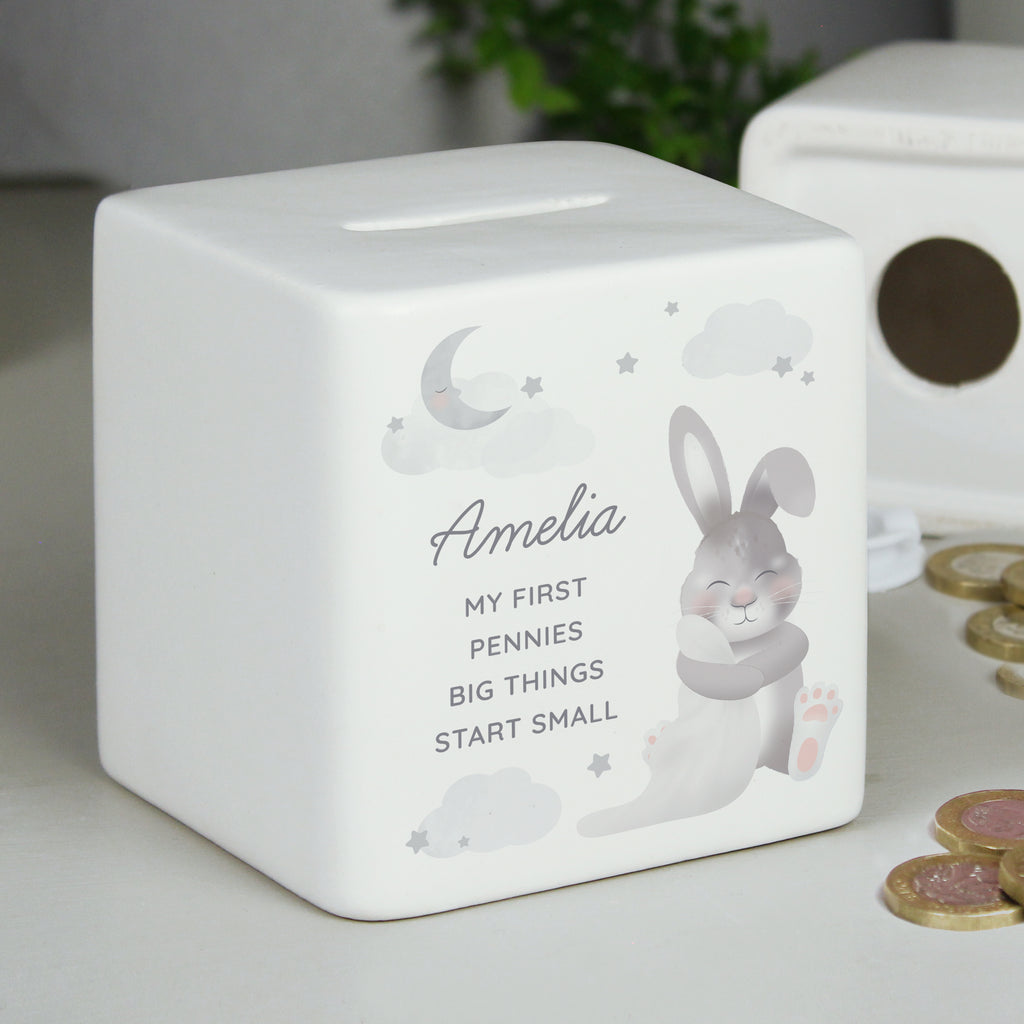 Personalised Baby Bunny Ceramic Square Money Box - Buy Money Boxes at GiftMasters.co.uk