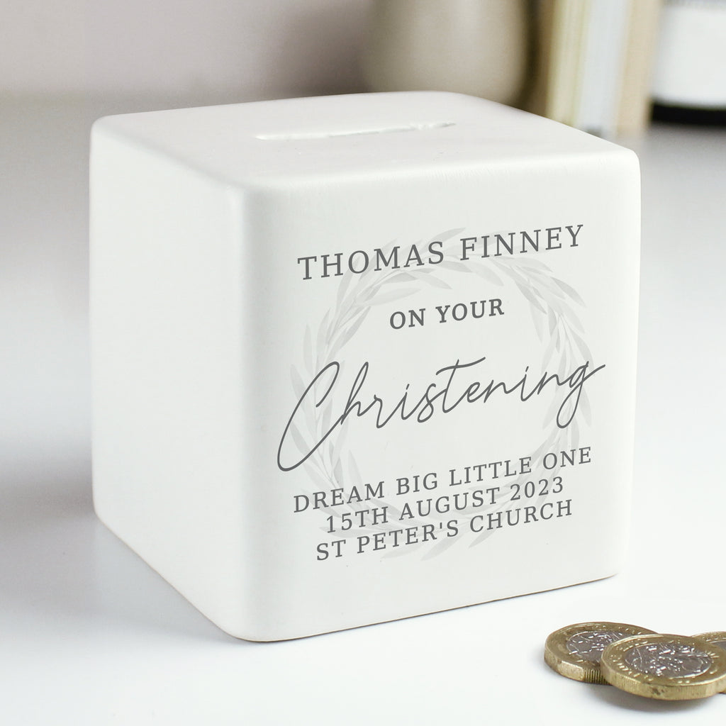Personalised Christening Ceramic Square Money Box - Buy Money Boxes at GiftMasters.co.uk