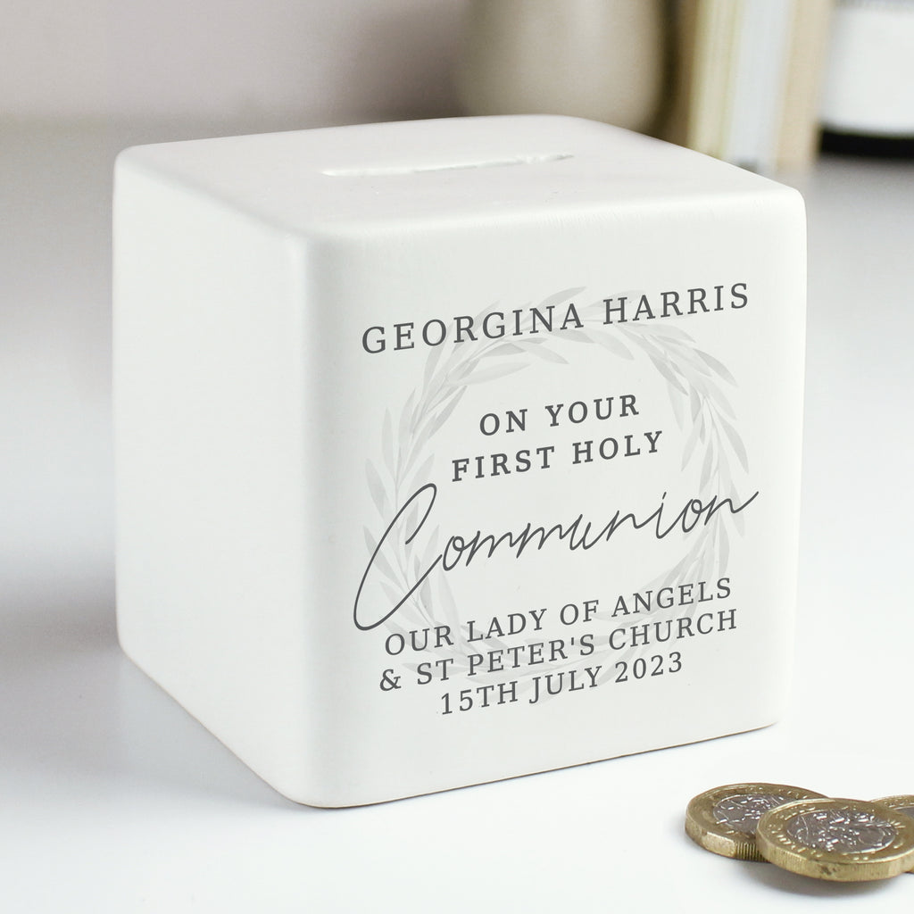 Personalised First Holy Communion Wreath Ceramic Square Money Box - Buy Money Boxes at GiftMasters.co.uk