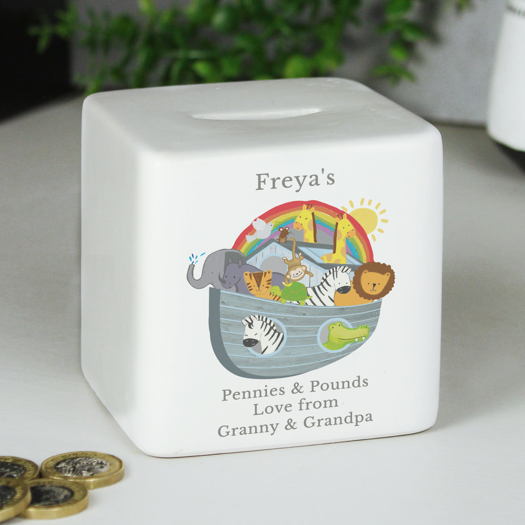 Personalised Noahs Ark Ceramic Square Money Box - Buy Money Boxes at GiftMasters.co.uk