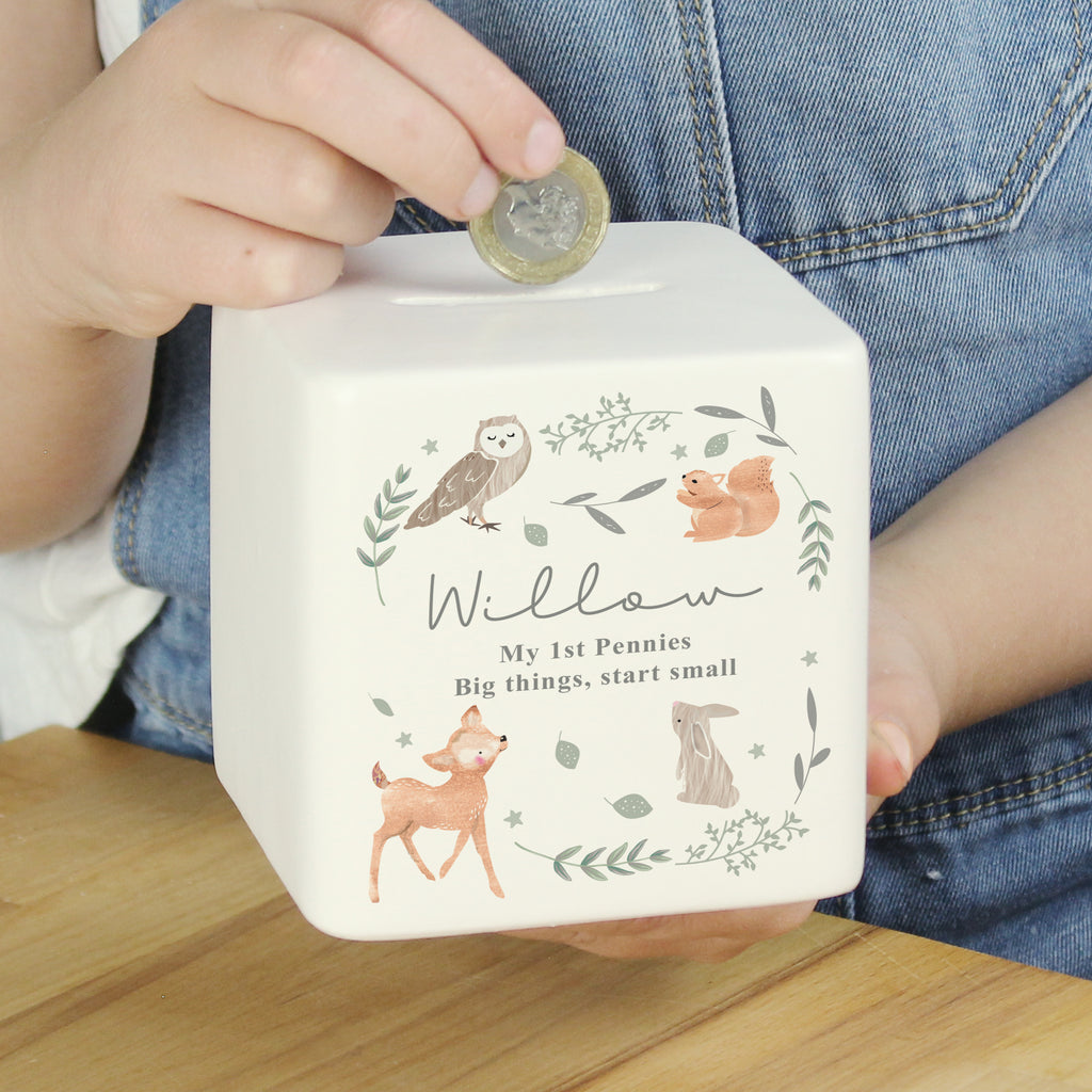 Personalised Woodland Animals Ceramic Square Money Box - Buy Money Boxes at GiftMasters.co.uk