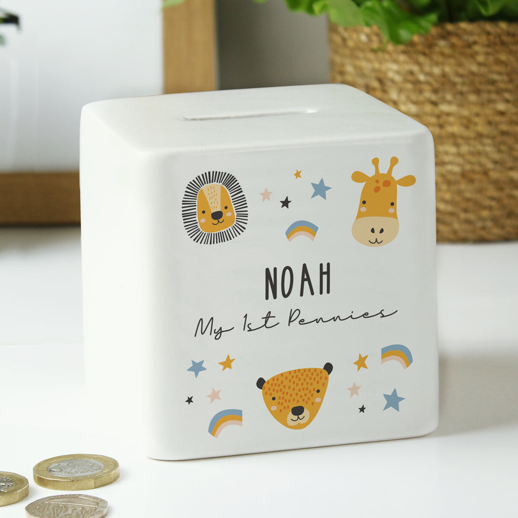 Personalised Scandi Safari Animals Ceramic Square Money Box - Buy Money Boxes at GiftMasters.co.uk