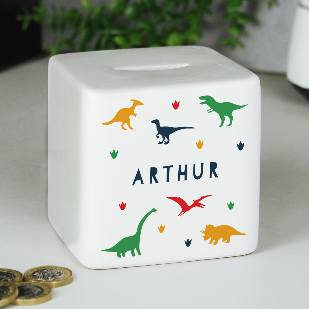 Personalised Dinosaur Ceramic Square Money Box - Buy Money Boxes at GiftMasters.co.uk