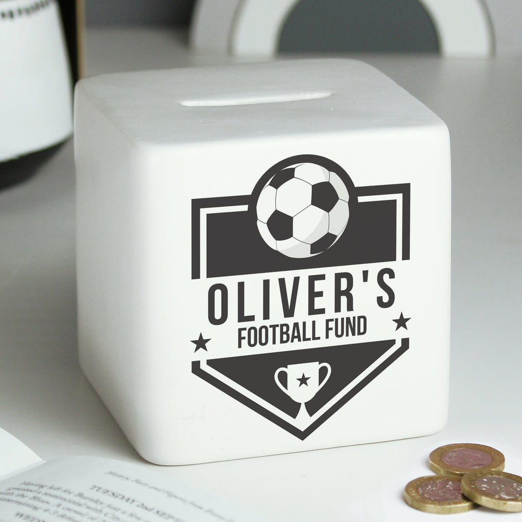 Personalised Football Badge Ceramic Square Money Box - Buy Money Boxes at GiftMasters.co.uk