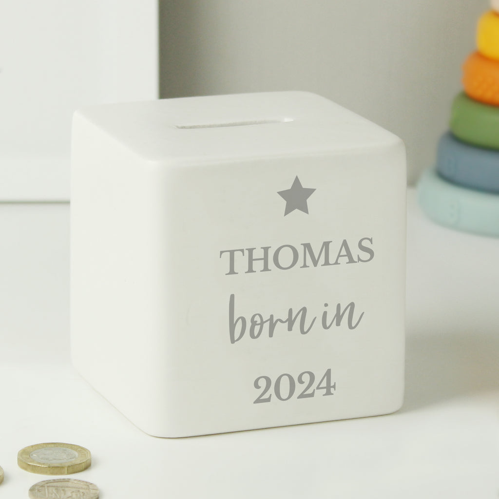 Personalised Born in Money Box - Buy Money Boxes at GiftMasters.co.uk
