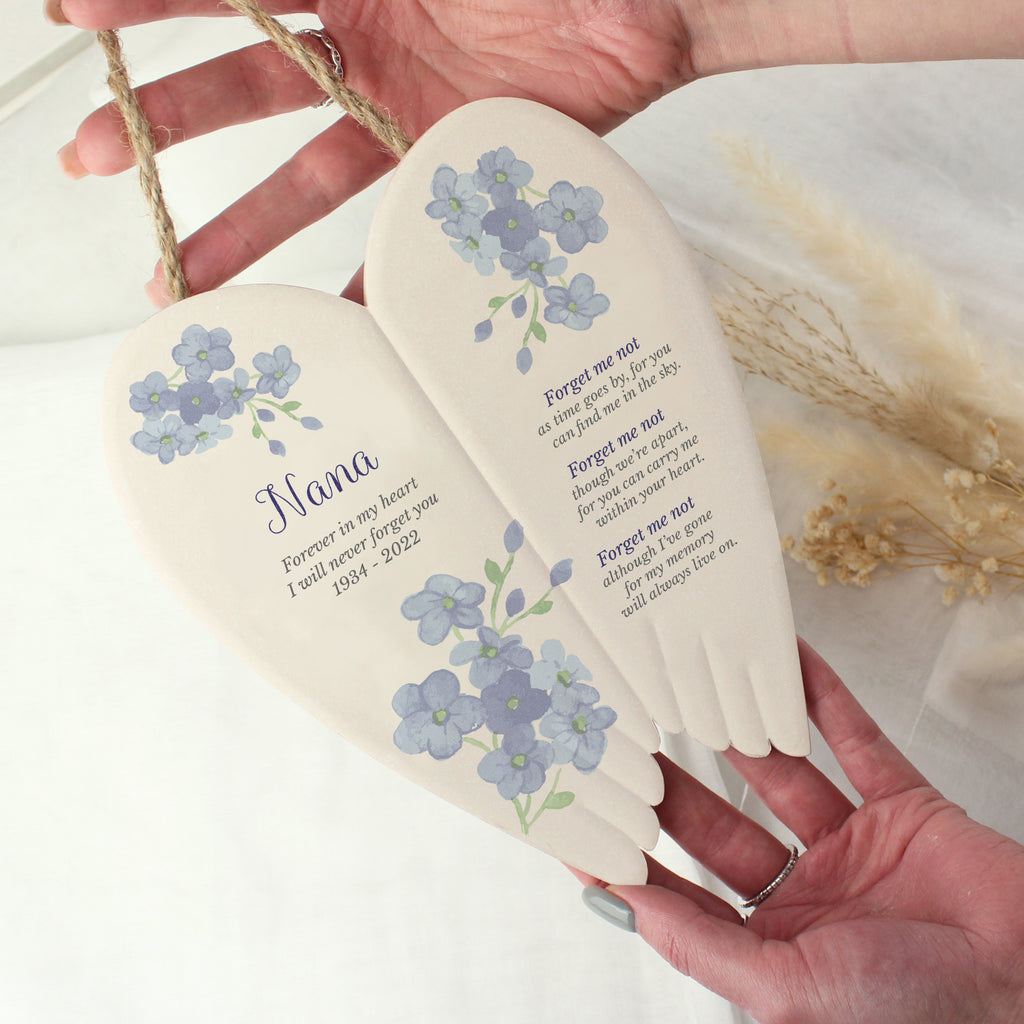 Personalised Forget Me Not Memorial Ceramic Wings - Buy Memorials at GiftMasters.co.uk