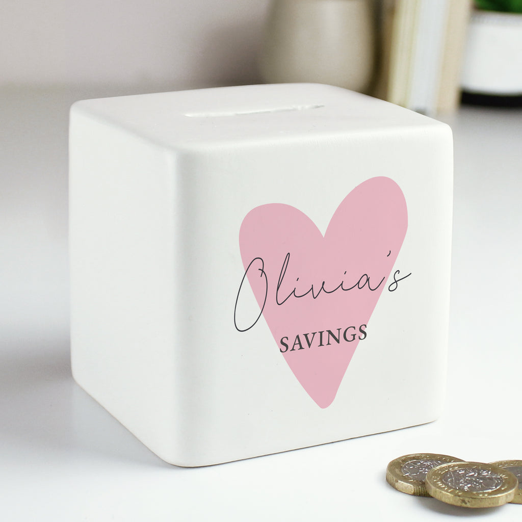 Personalised Pink Heart Ceramic Square Money Box - Buy Money Boxes at GiftMasters.co.uk