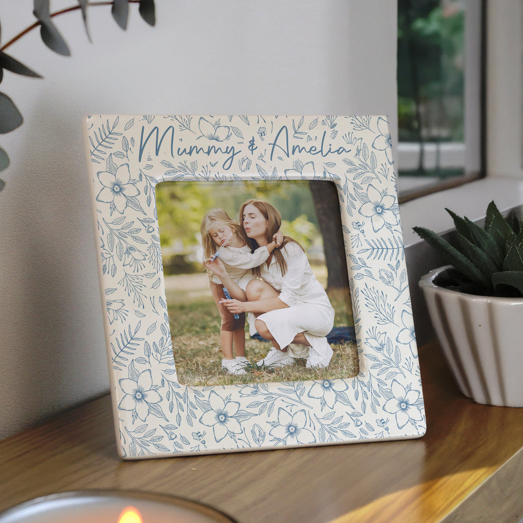 Personalised Blue Floral Ceramic 4x4 Frame - Buy Photo Frames, Albums and Guestbooks at GiftMasters.co.uk